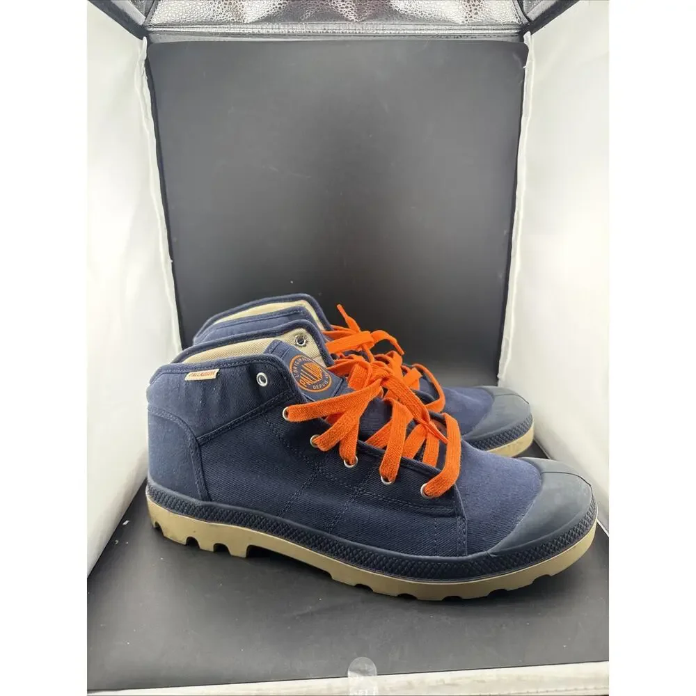 Palladium Pampa Hi Original Navy Canvas Boots Gum Sole Orange Laces Men’s 13